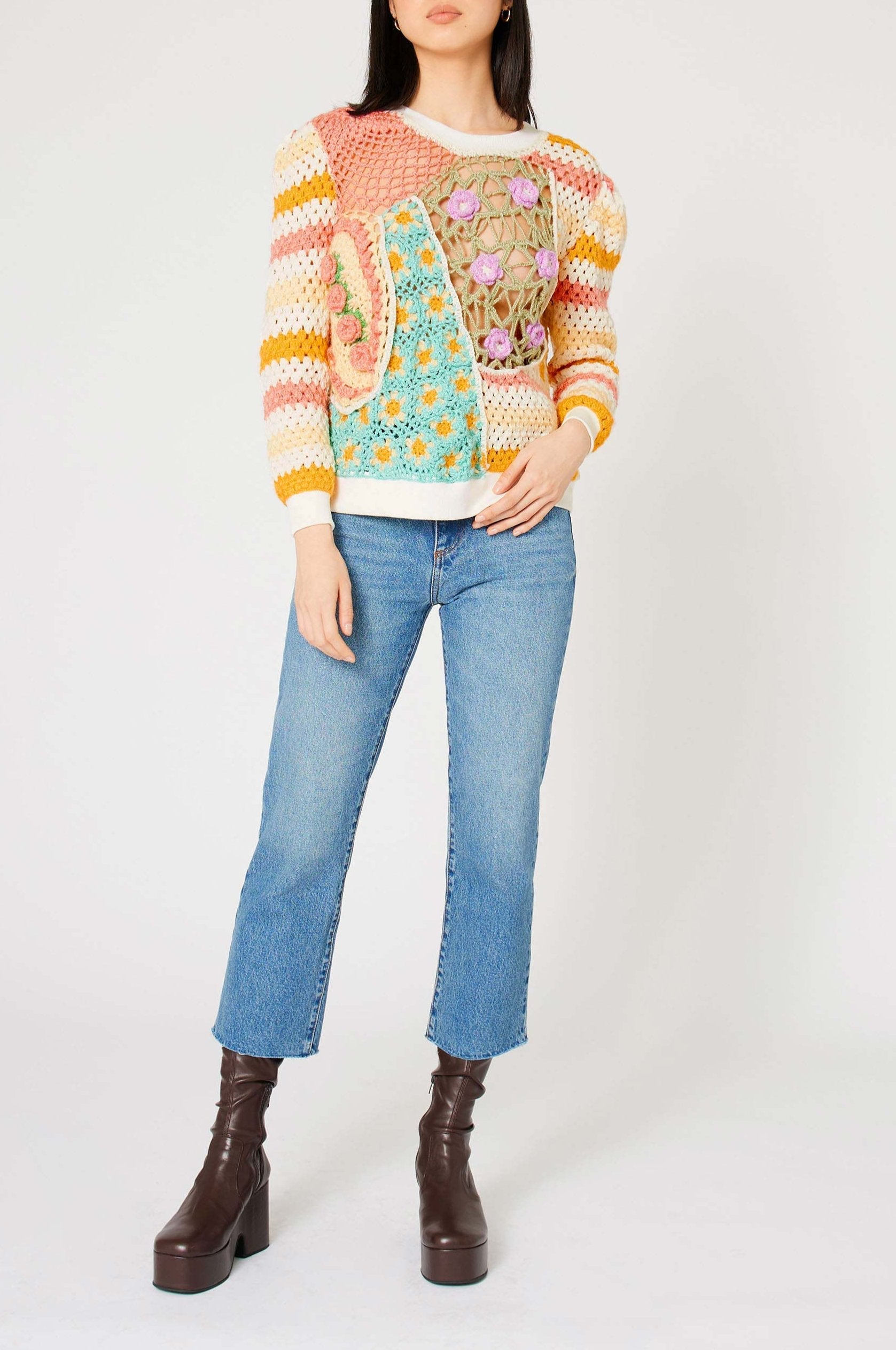 Pull long Patchwork en maille - Multicolore