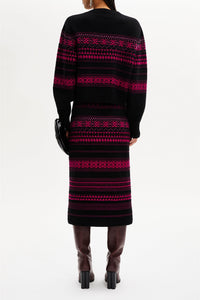 Jupe longue tricot jacquard en laine - Fuchsia