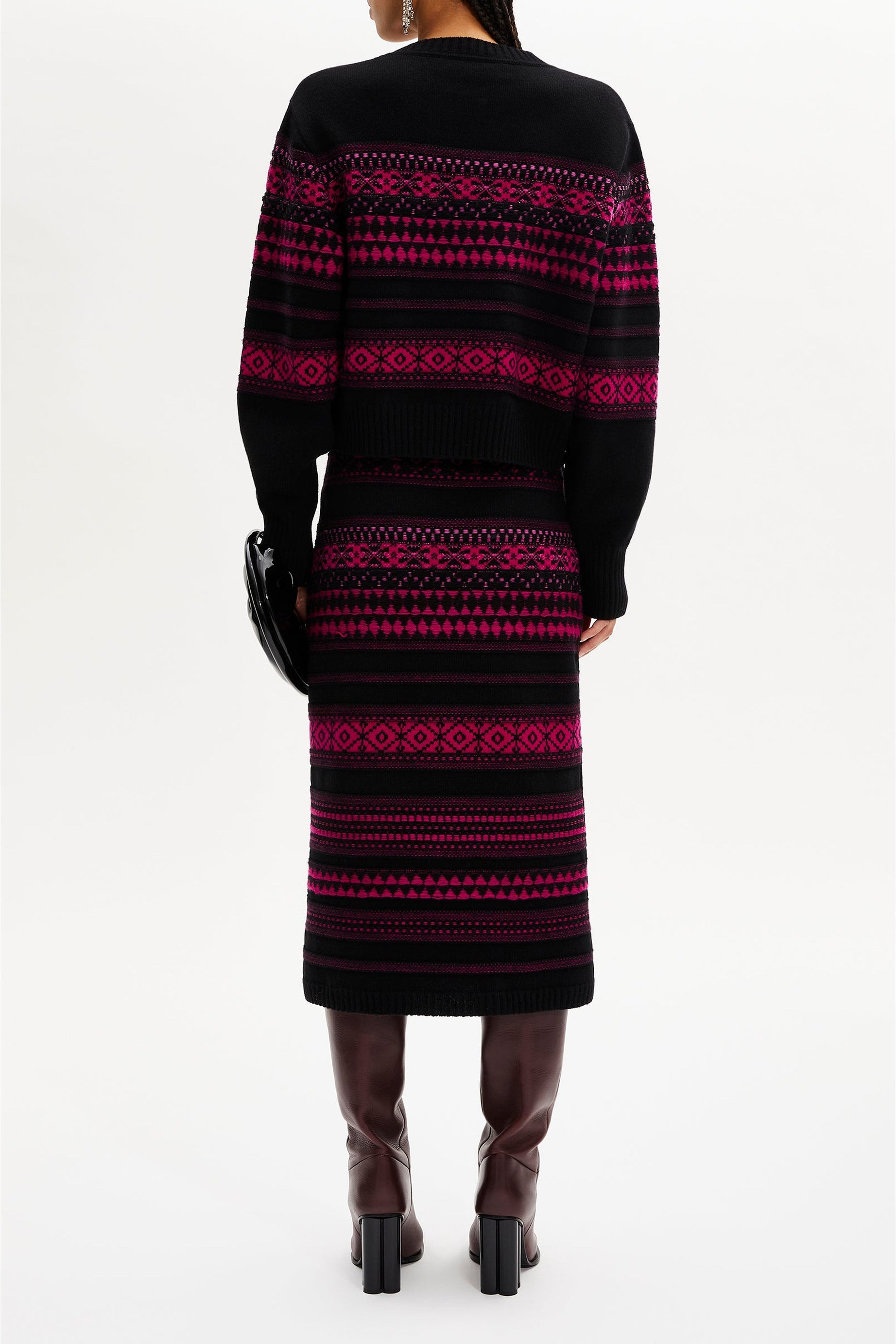 Jupe longue tricot jacquard en laine - Fuchsia