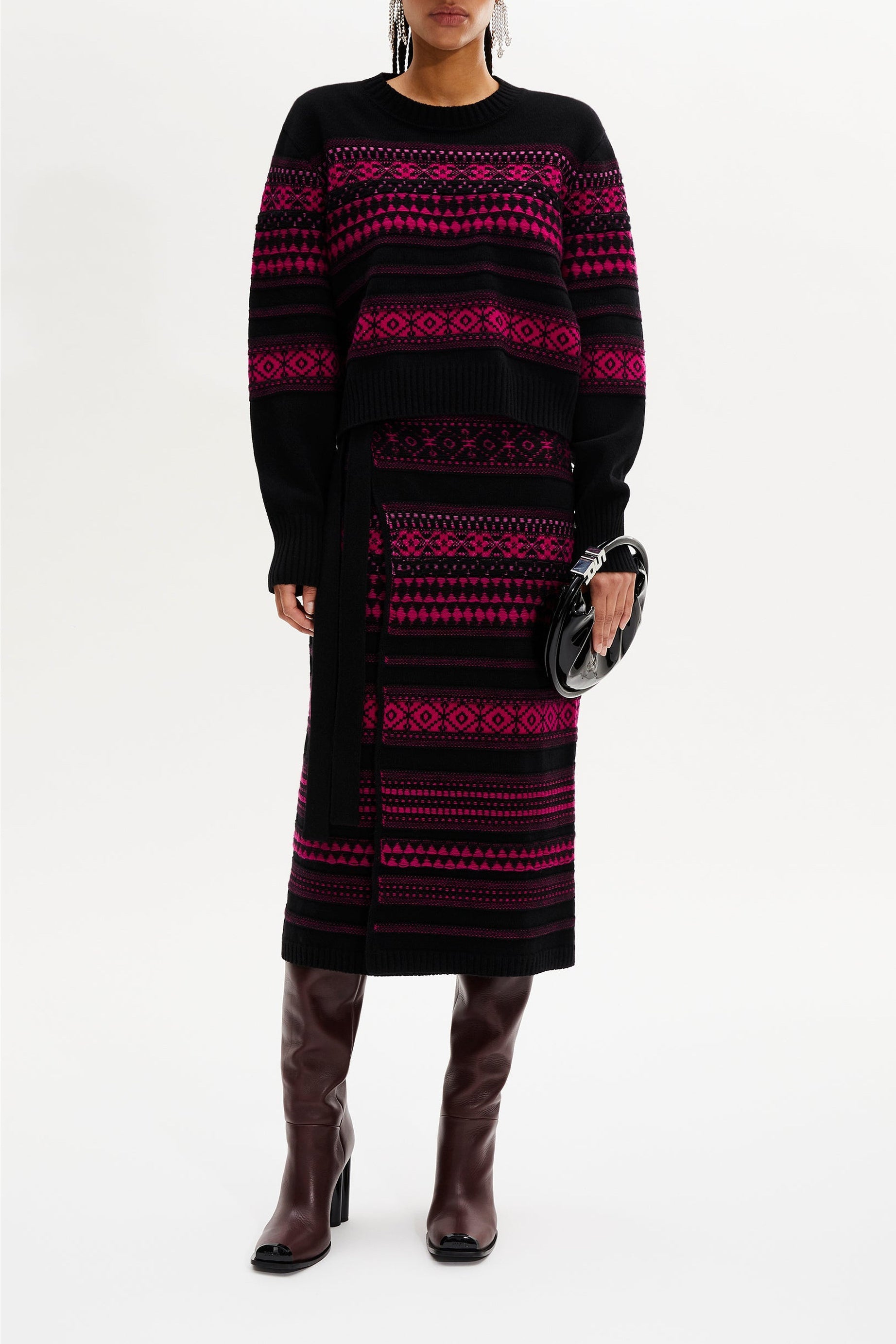 Jupe longue tricot jacquard en laine - Fuchsia