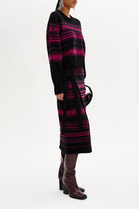 Jupe longue tricot jacquard en laine - Fuchsia