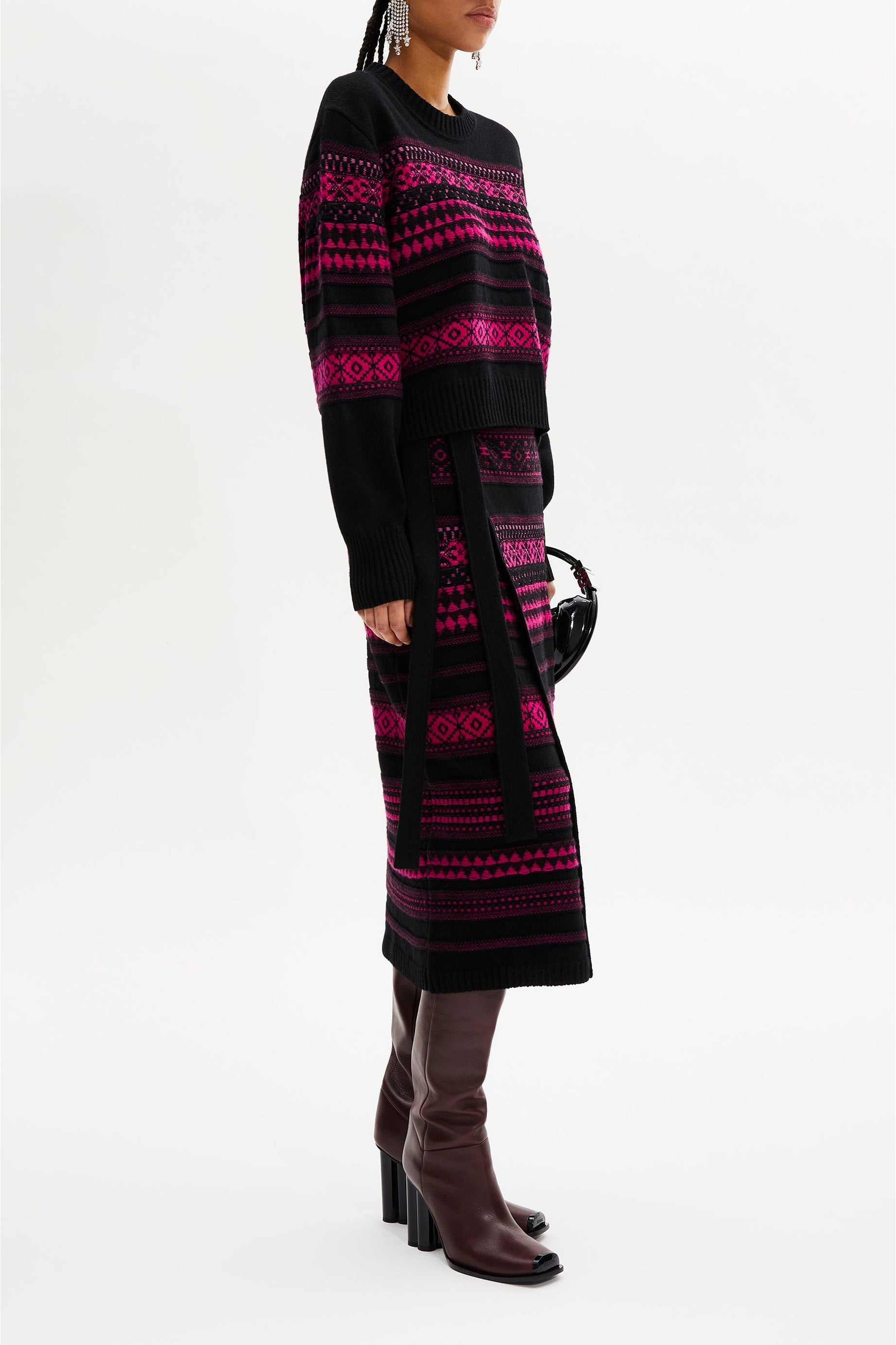 Jupe longue tricot jacquard en laine - Fuchsia