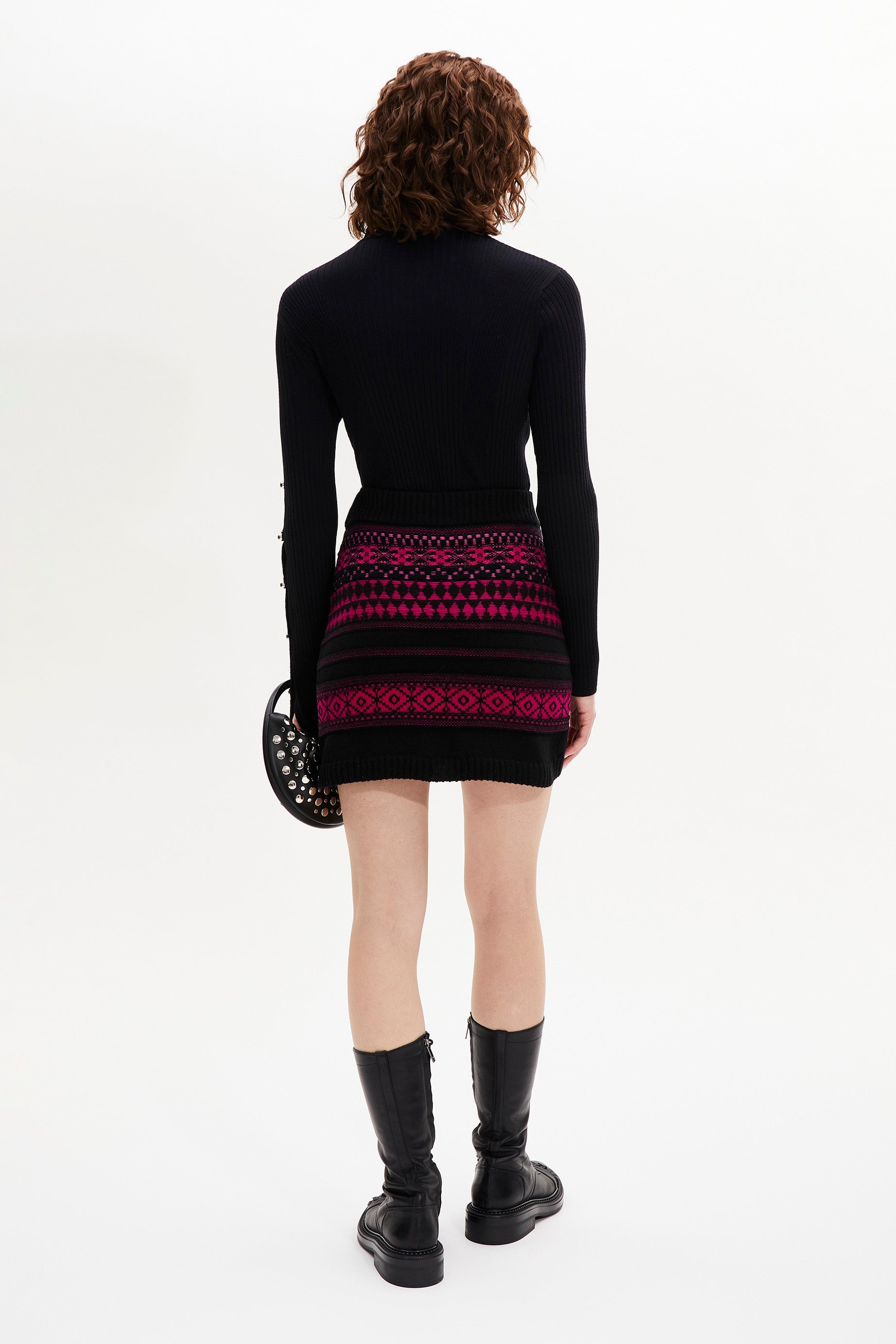 Jupe mini tricot jacquard en laine - Fuchsia