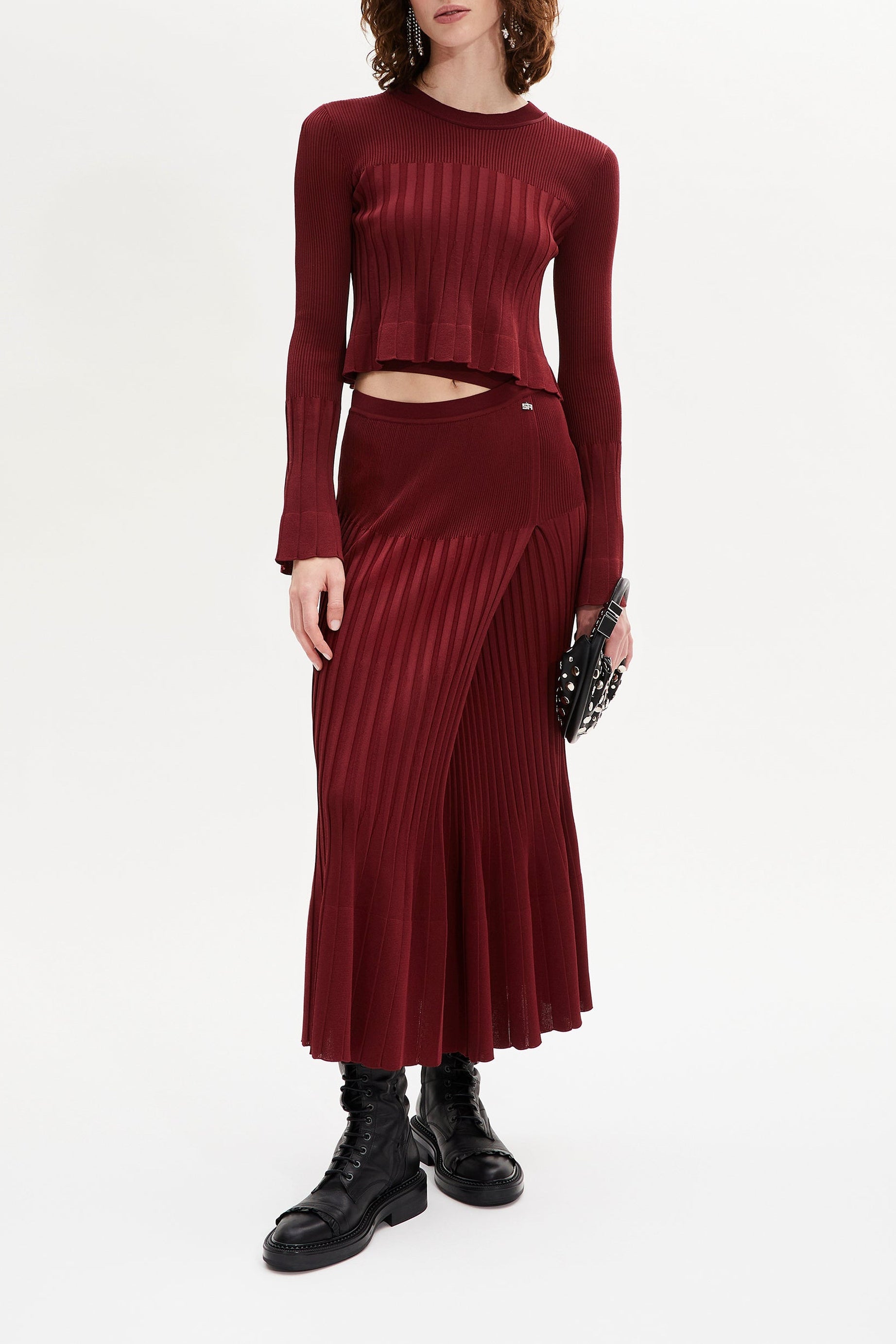 Jupe midi taille haute à godets - Bordeaux