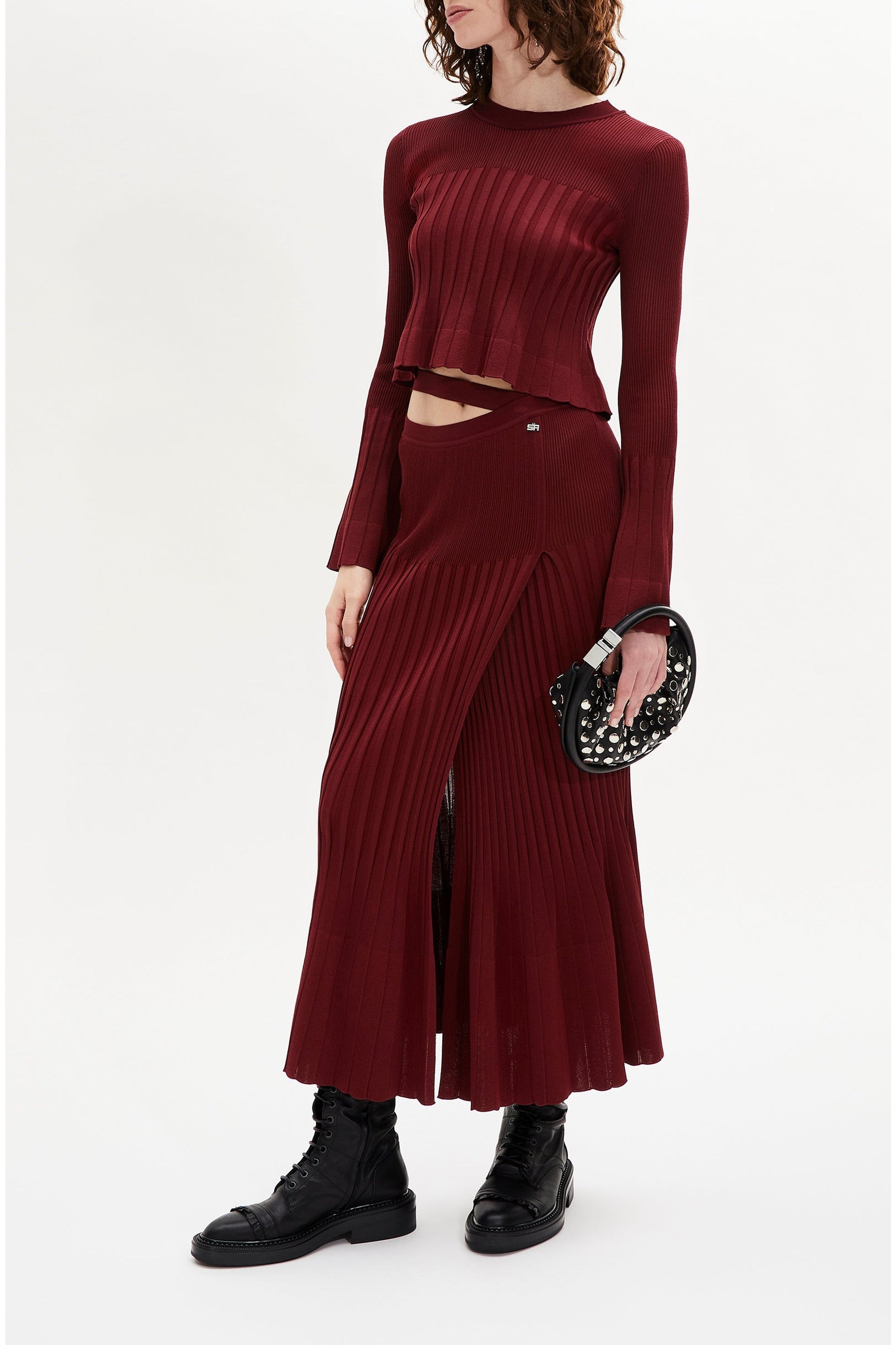 Jupe midi taille haute à godets - Bordeaux