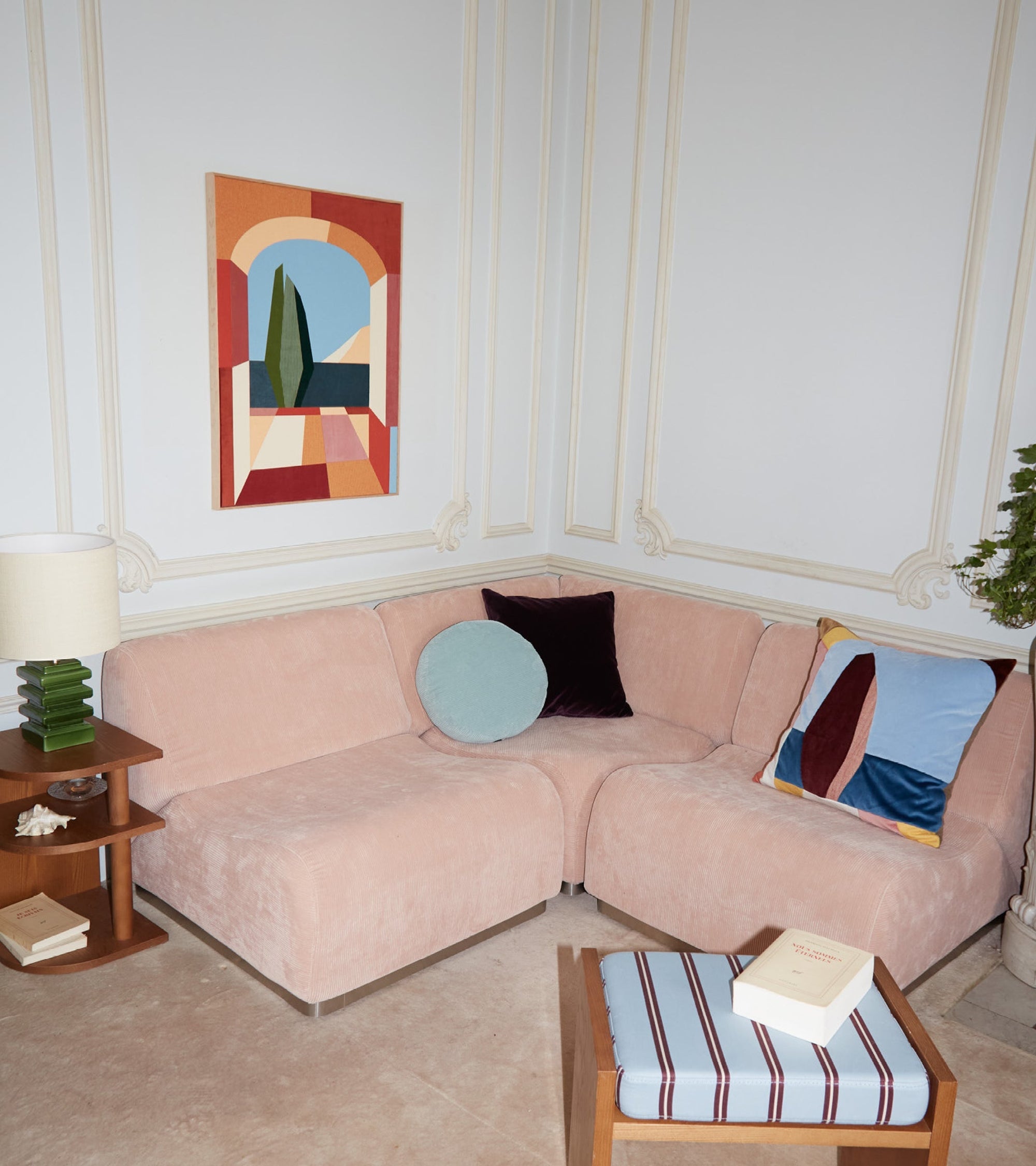 Coussin Lucia Sellier en lin - Bleu et Rose