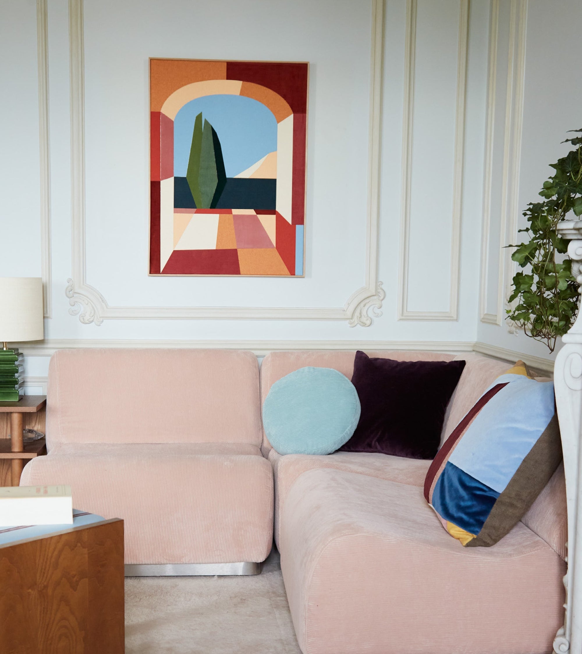 Coussin Lucia Sellier en lin - Bleu et Rose