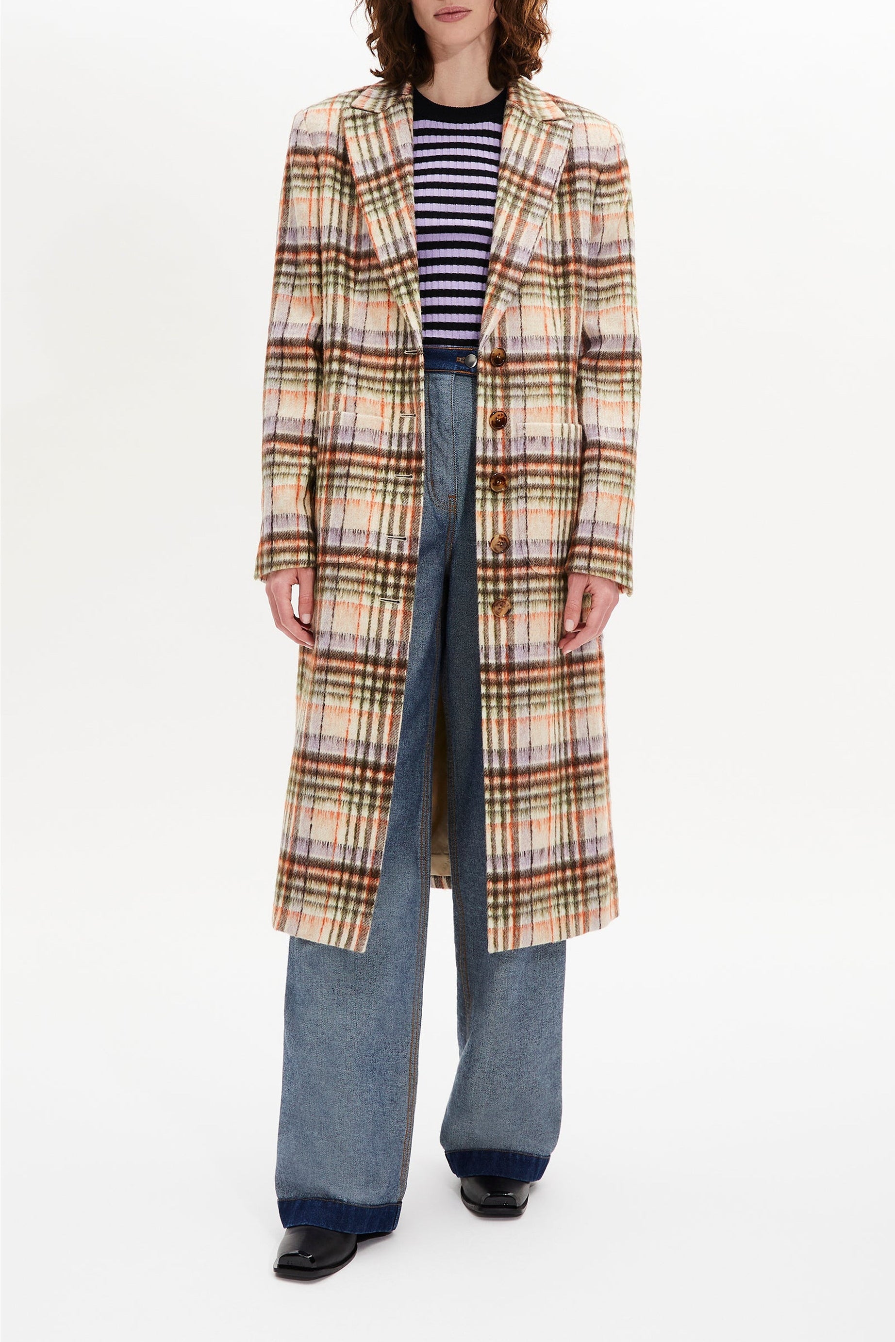 Manteau motif tartan en laine - Carreaux Écru & Lilas