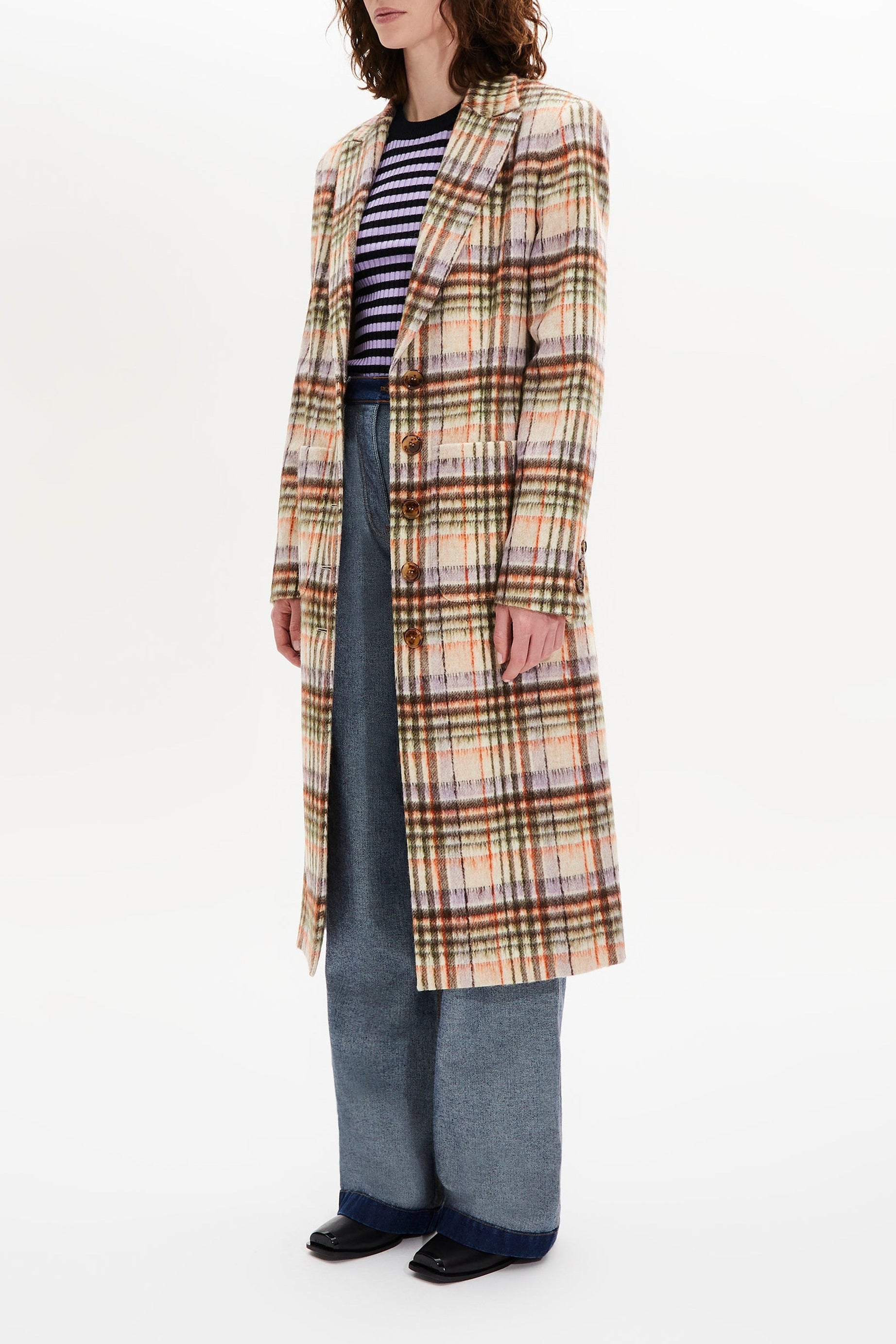 Manteau motif tartan en laine - Carreaux Écru & Lilas