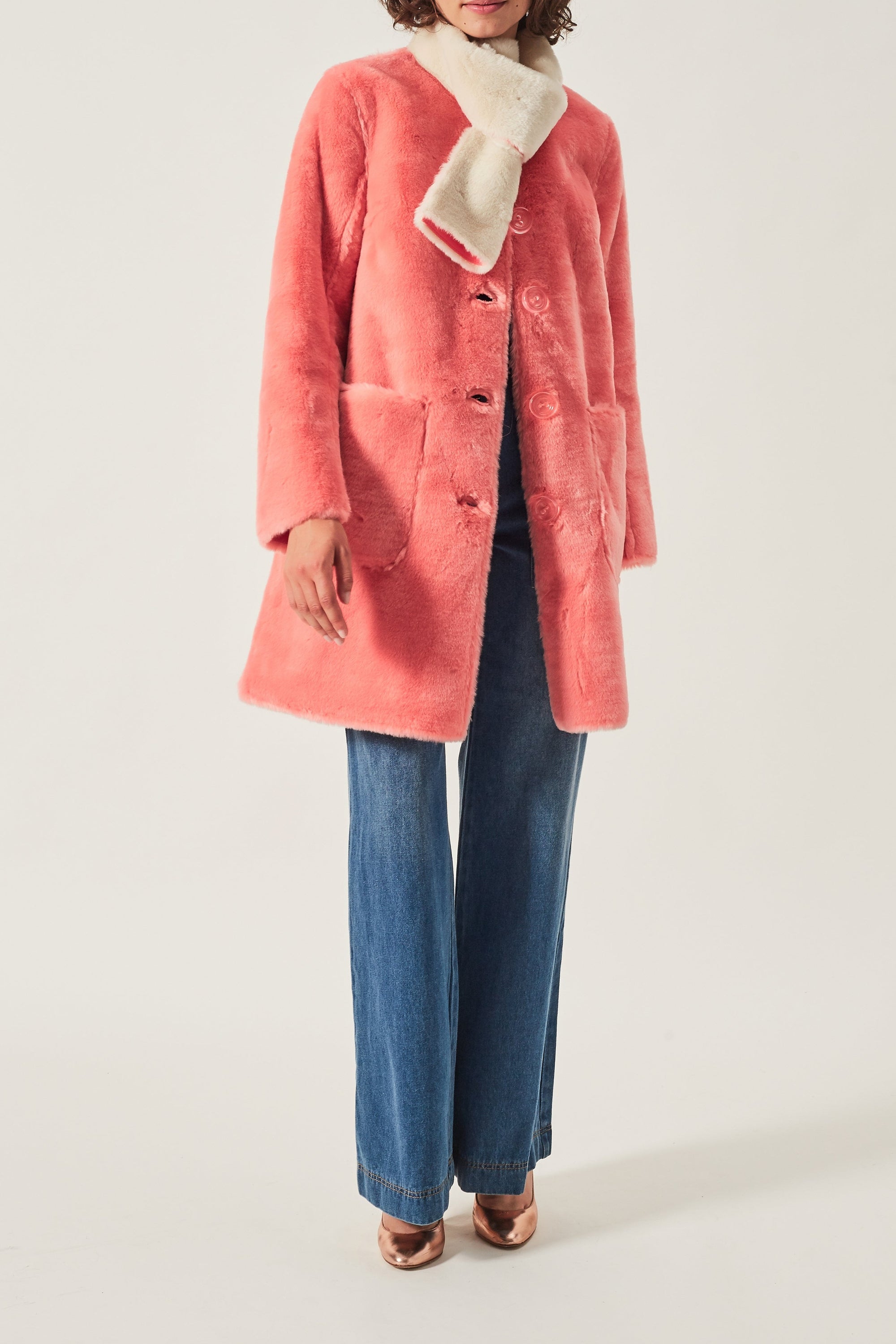 Manteau en satin et fourrure - Rose