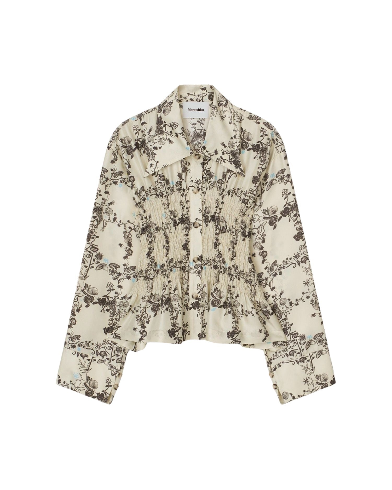 Chemise Catrin smockée en soie sergée - Floral Frame Brown