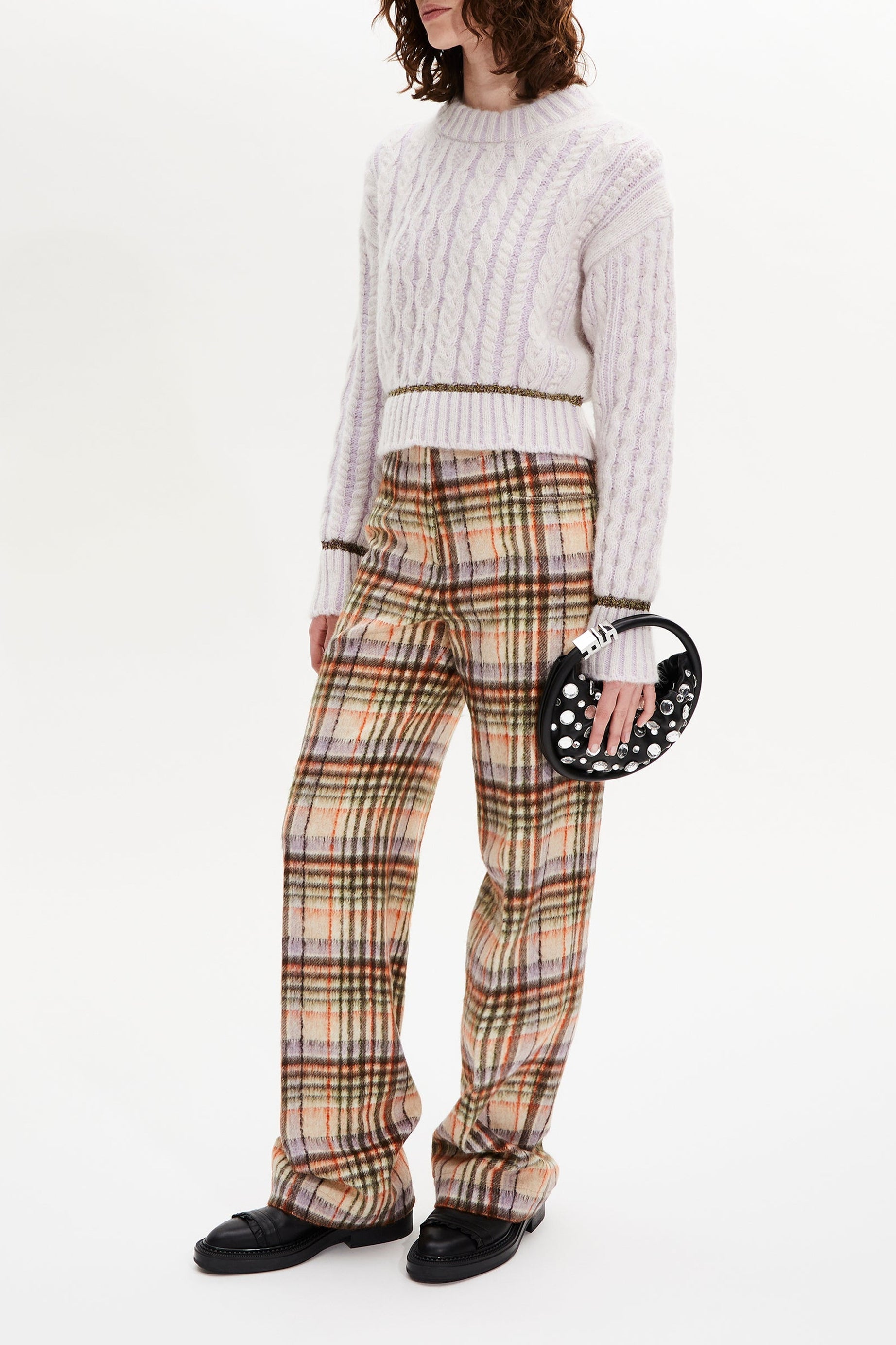 Pantalon motif tartan en laine - Carreaux Écru & Lilas