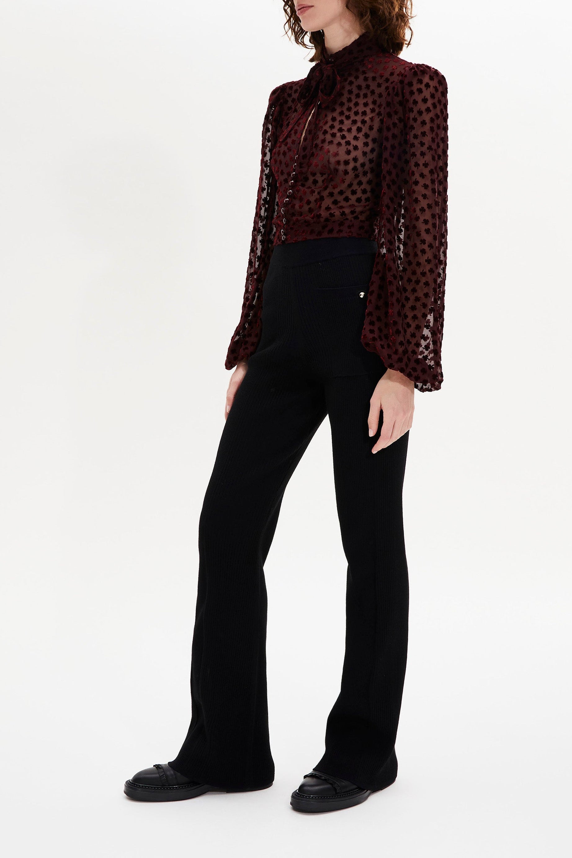Pantalon taille haute coupe flare en laine - Noir