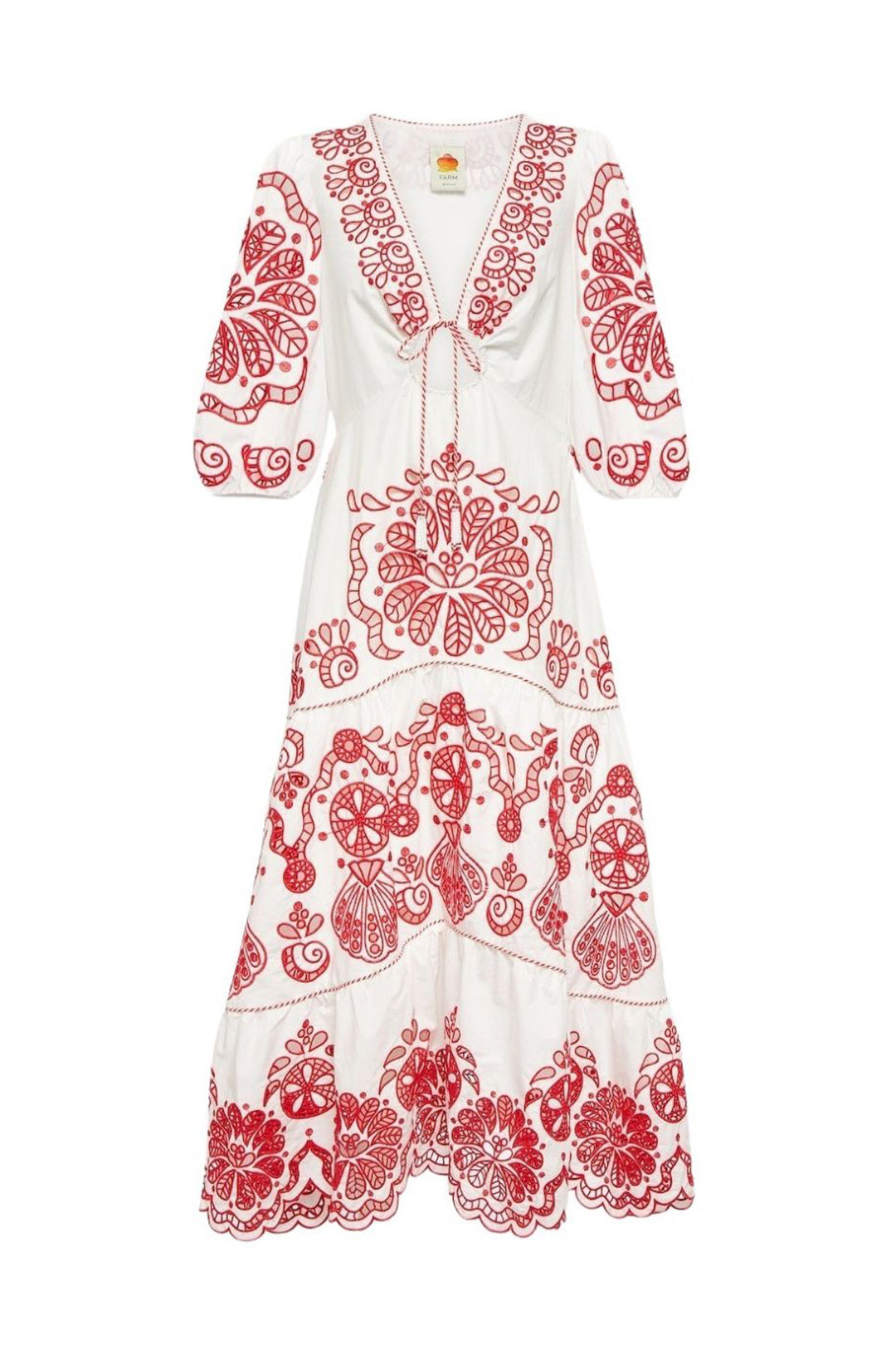 Robe midi Richelieu à encolure en V en coton - Rouge