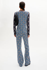 Pull manches longues jacquard à motifs fleurs - Bleu