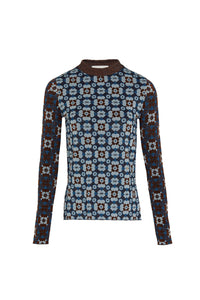 Pull manches longues jacquard à motifs fleurs - Bleu