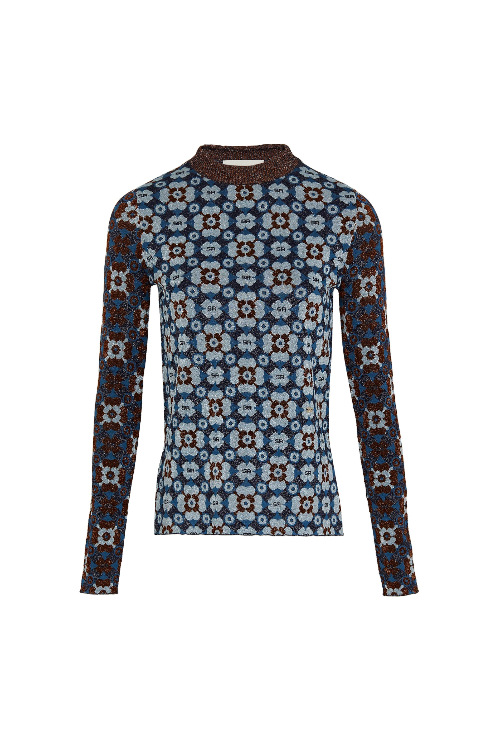 Pull manches longues jacquard à motifs fleurs - Bleu