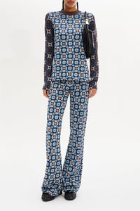 Pull manches longues jacquard à motifs fleurs - Bleu