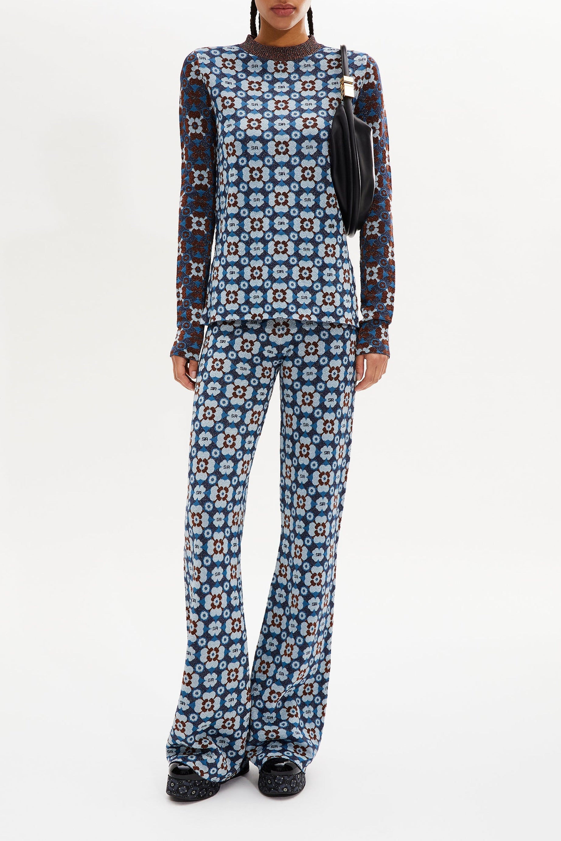 Pull manches longues jacquard à motifs fleurs - Bleu
