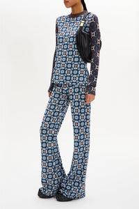 Pull manches longues jacquard à motifs fleurs - Bleu