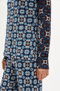 Pull manches longues jacquard à motifs fleurs - Bleu