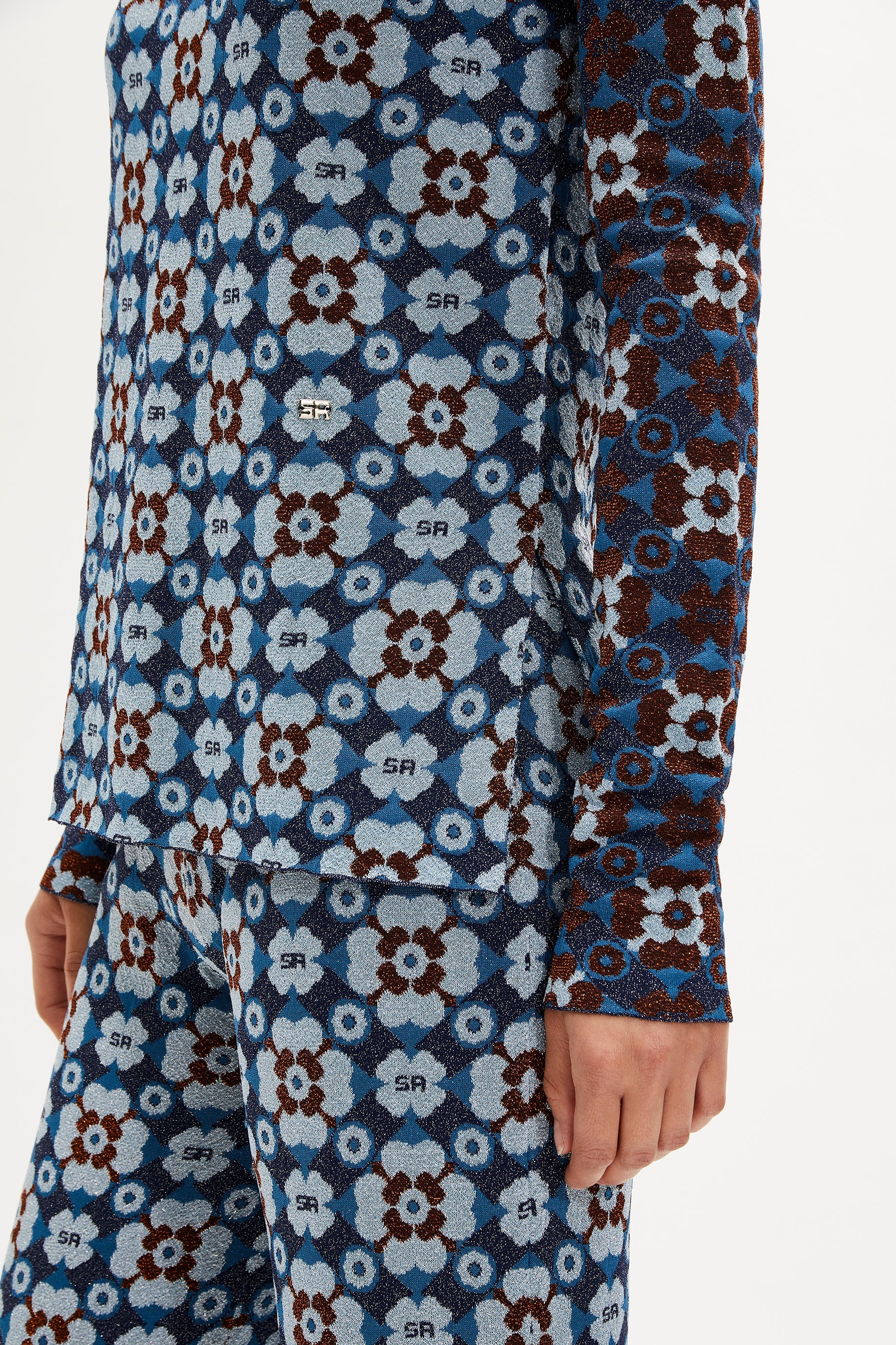 Pull manches longues jacquard à motifs fleurs - Bleu