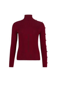 Pull col roulé à boutons argentés - Bordeaux