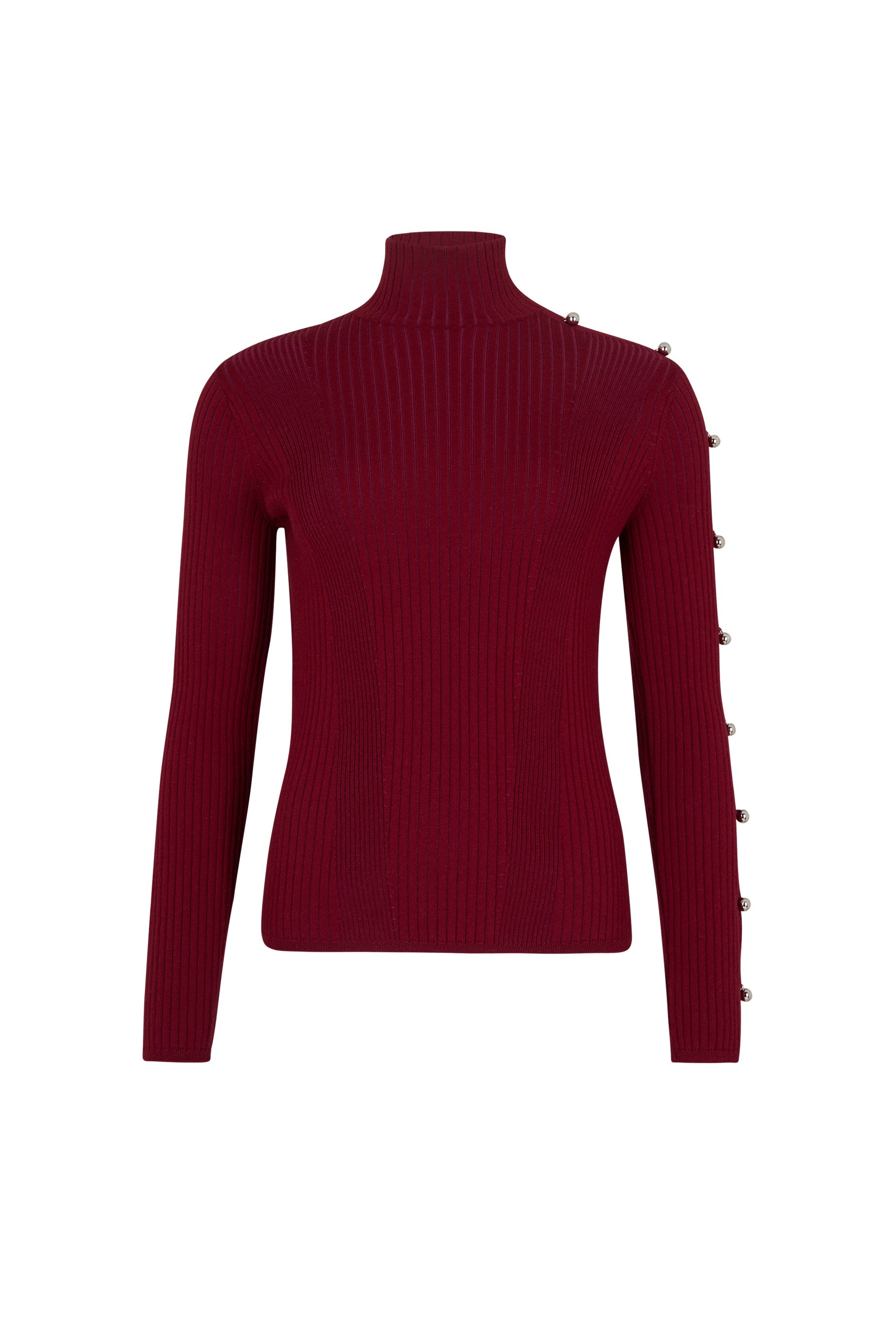 Pull col roulé à boutons argentés - Bordeaux