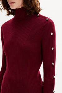 Pull col roulé à boutons argentés - Bordeaux