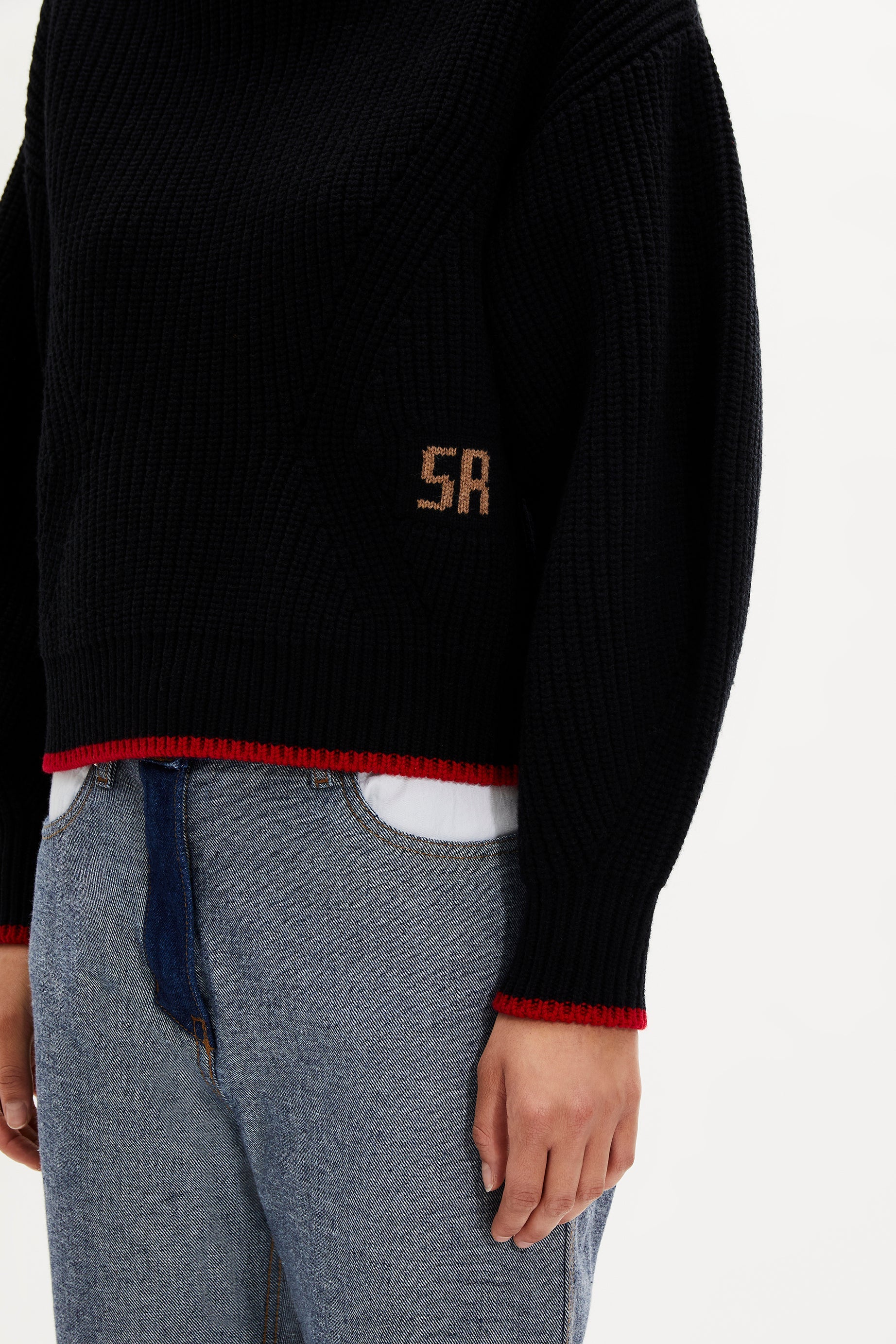 Pull col roulé à manches longues coudées en laine - Noir Intense