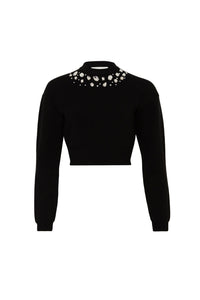 Pull à encolure brodée en cabochons à strass en laine - Noir