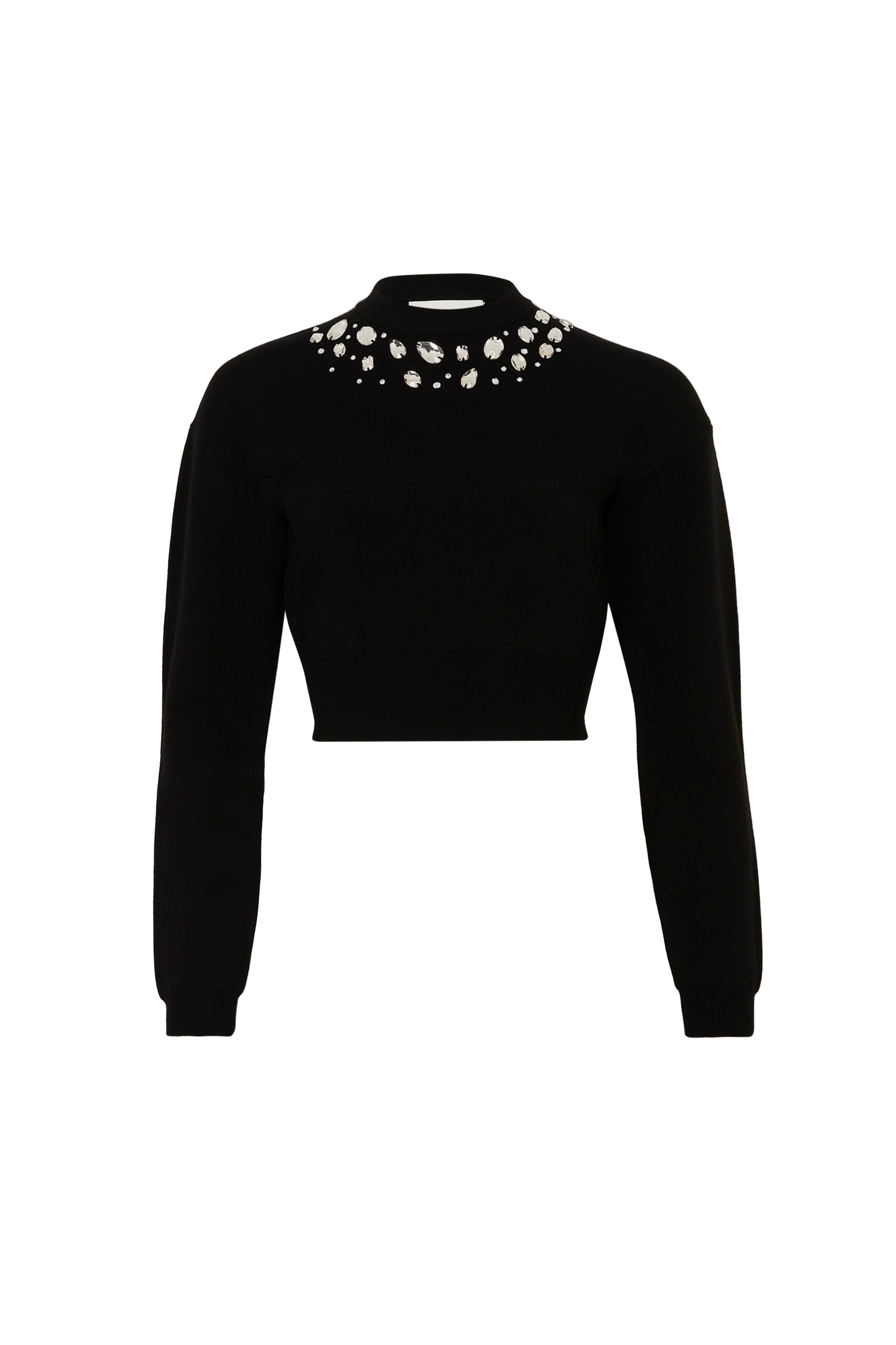 Pull à encolure brodée en cabochons à strass en laine - Noir