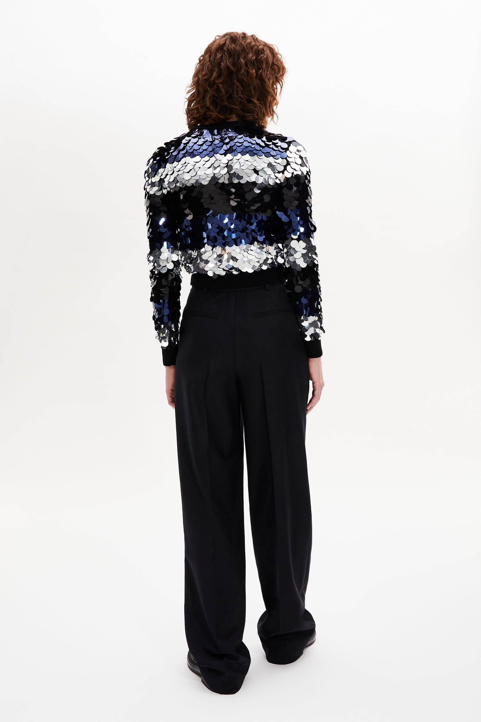 Pull court à rayures brodé de sequins en laine - Noir