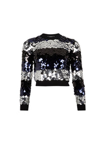 Pull court à rayures brodé de sequins en laine - Noir