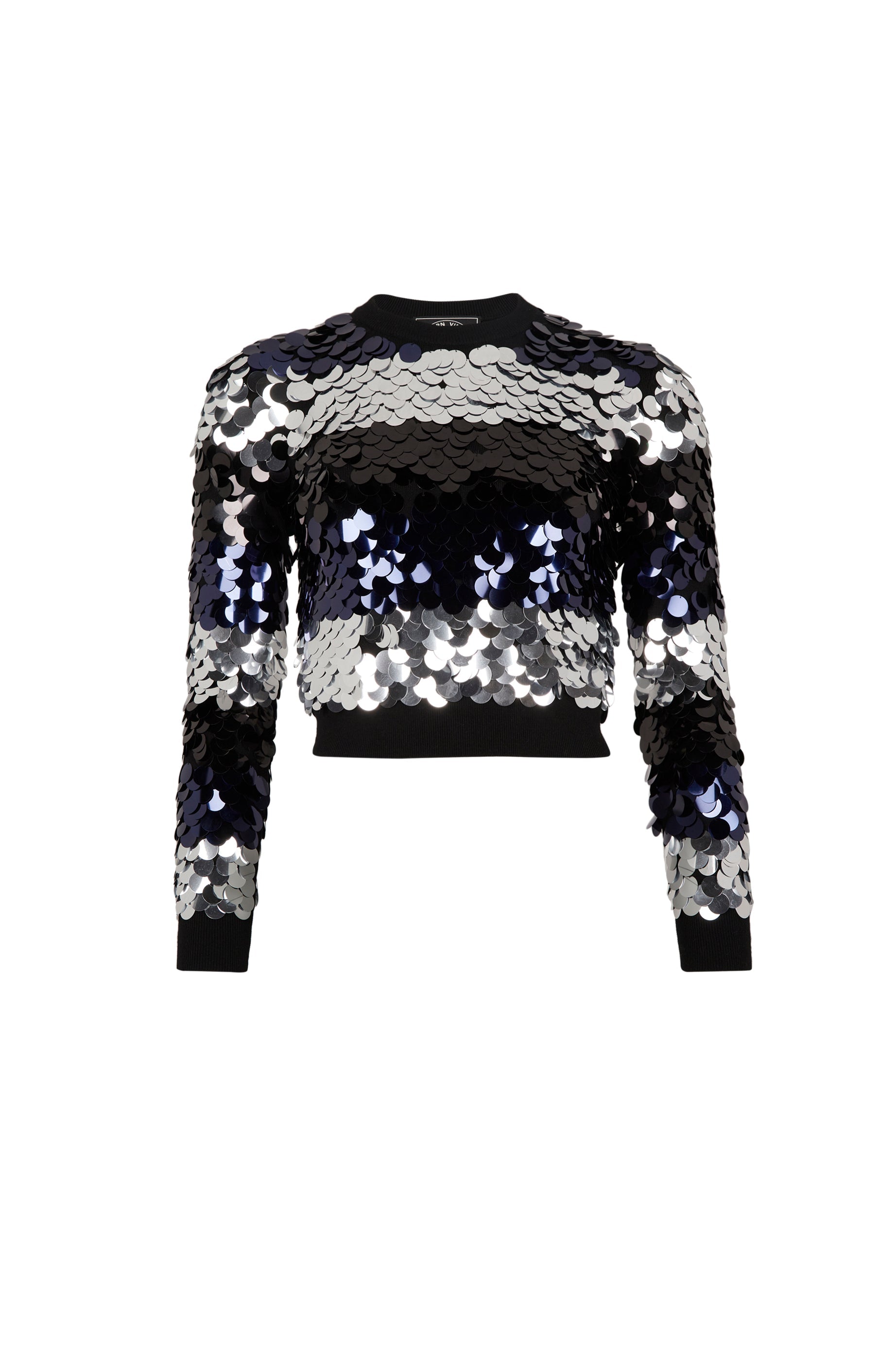 Pull court à rayures brodé de sequins en laine - Noir