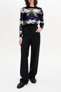 Pull court à rayures brodé de sequins en laine - Noir