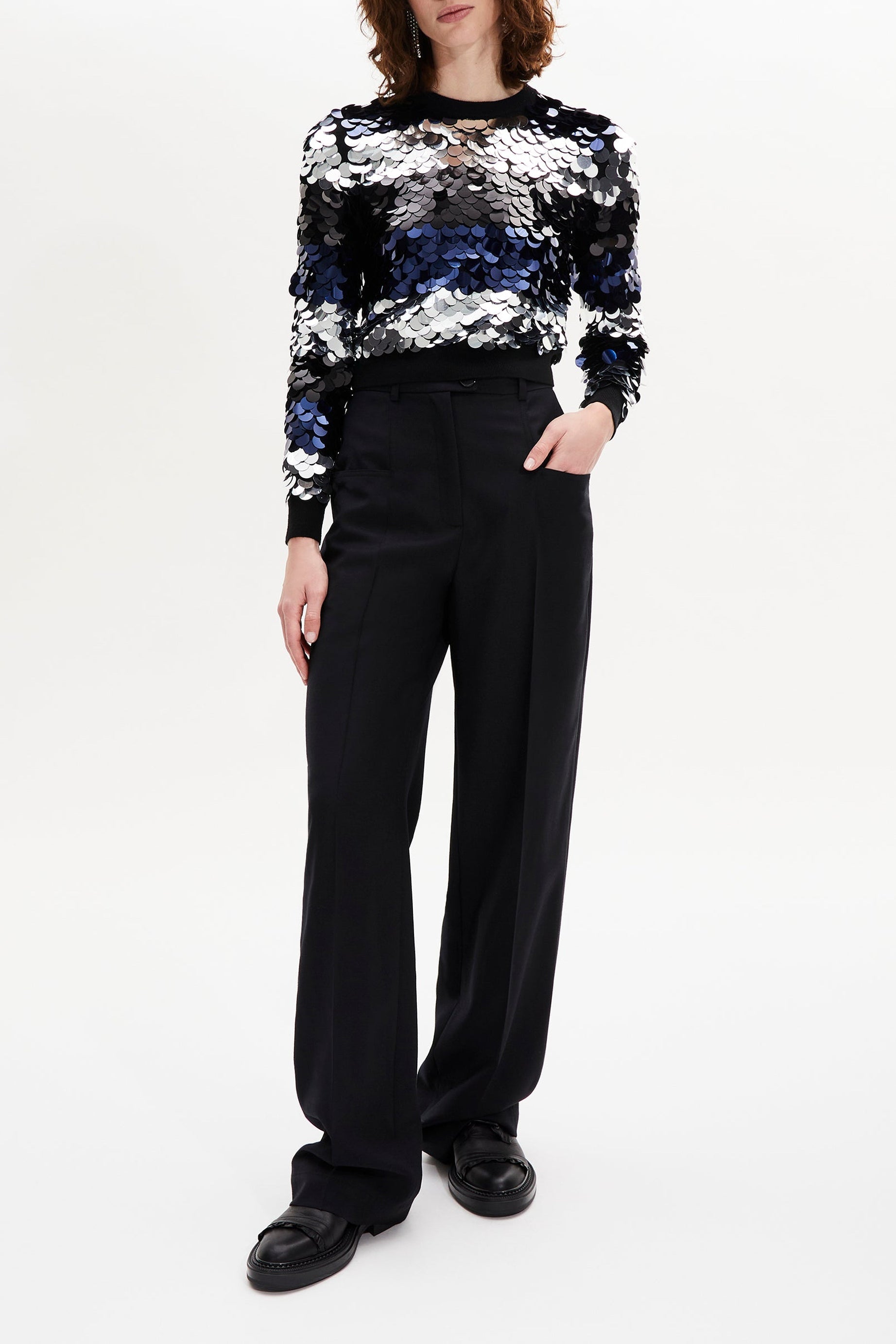 Pull court à rayures brodé de sequins en laine - Noir