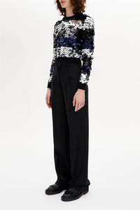 Pull court à rayures brodé de sequins en laine - Noir