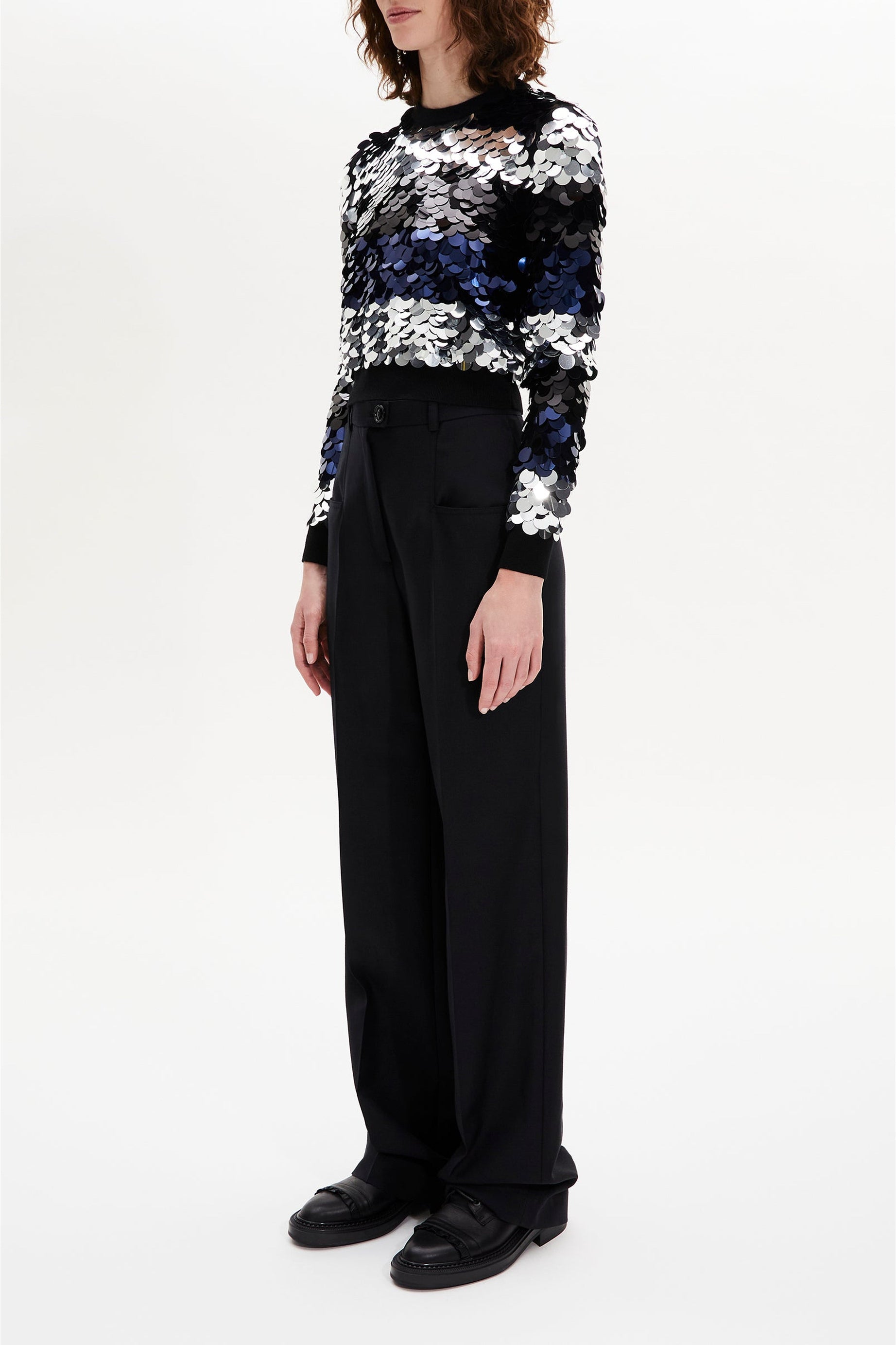 Pull court à rayures brodé de sequins en laine - Noir