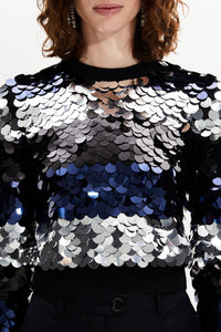 Pull court à rayures brodé de sequins en laine - Noir