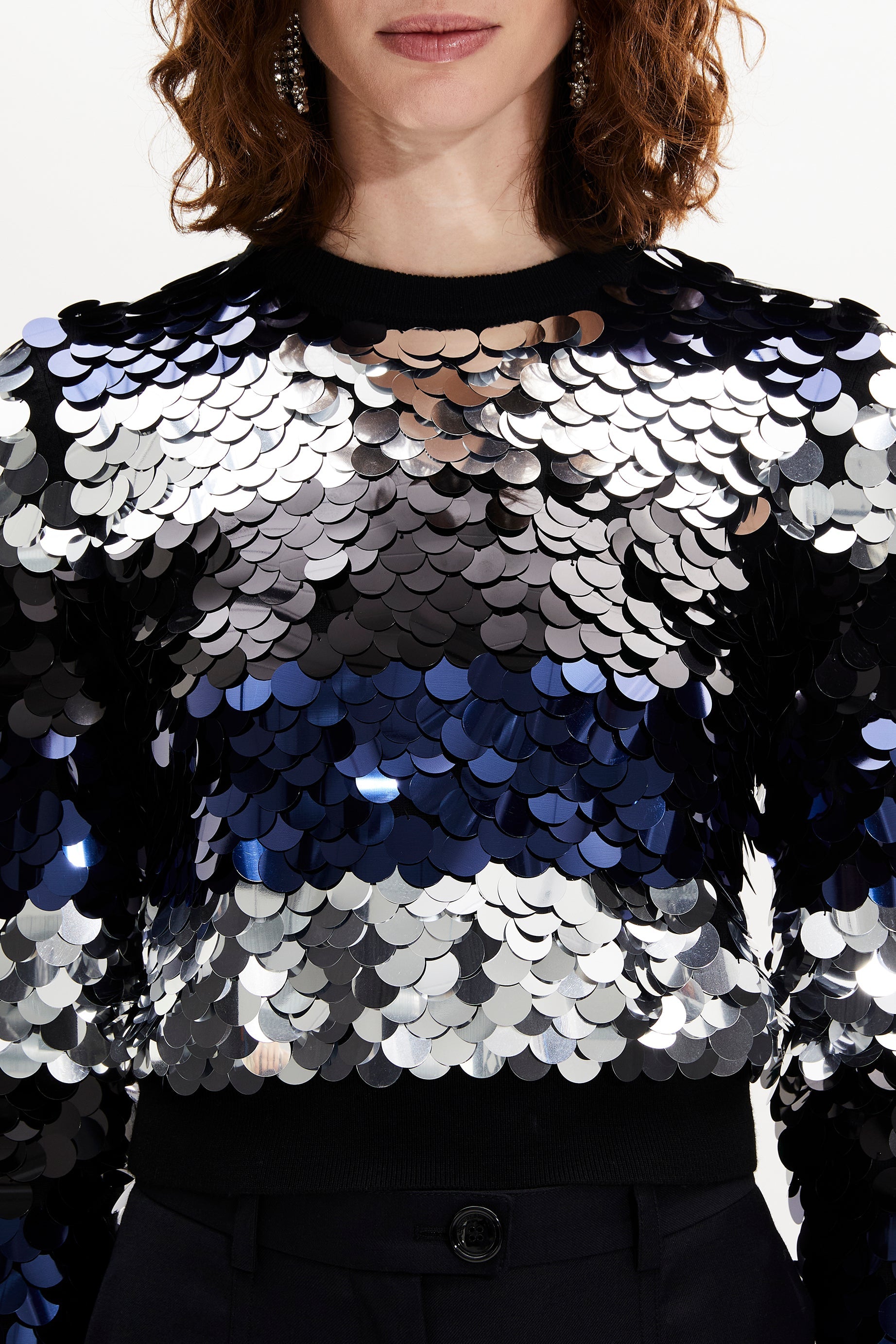 Pull court à rayures brodé de sequins en laine - Noir