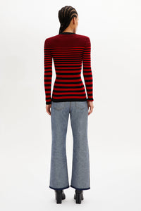 Pull col rond rayé à manches longues en laine - Noir & Rouge