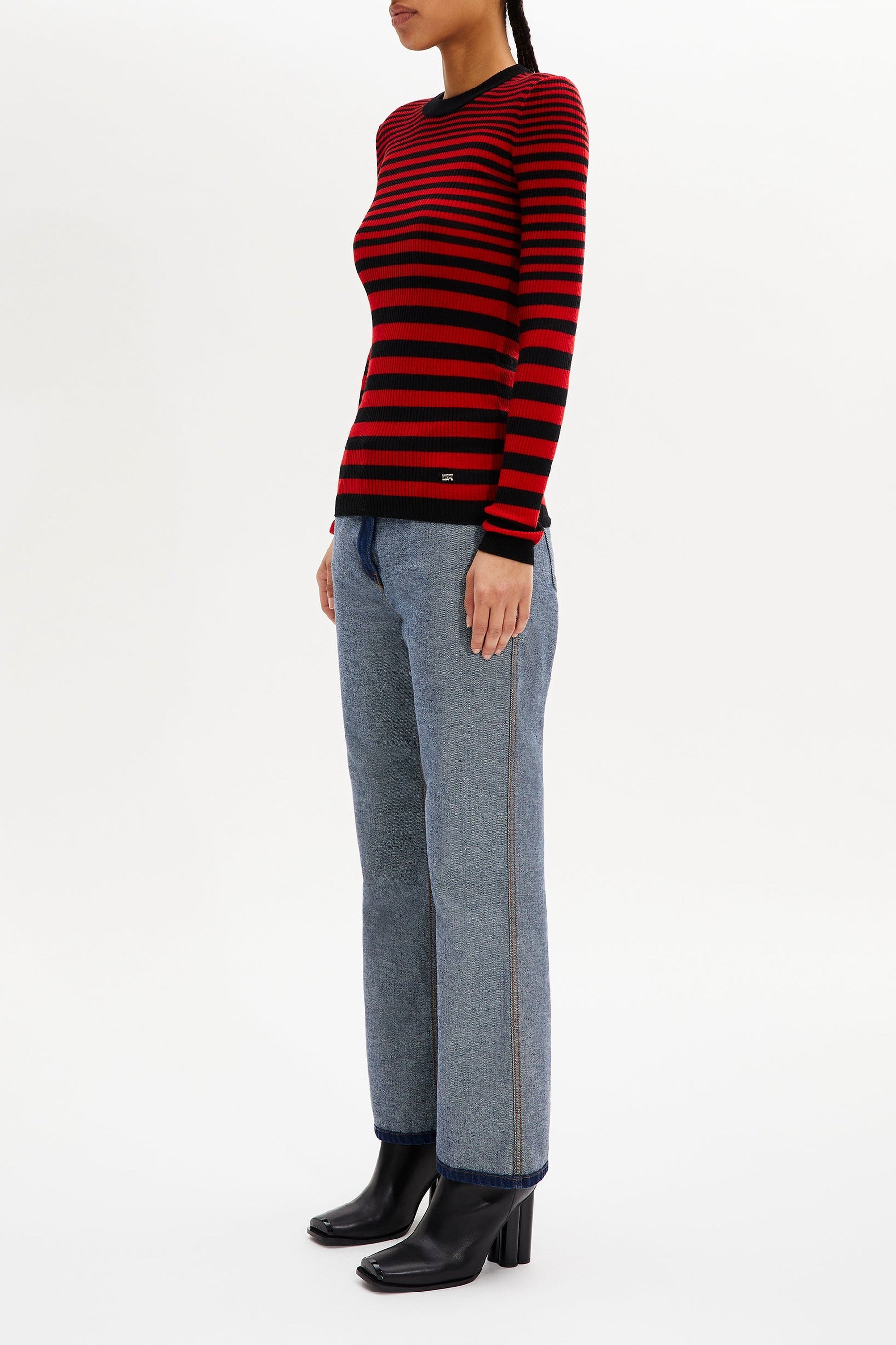 Pull col rond rayé à manches longues en laine - Noir & Rouge
