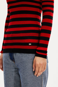 Pull col rond rayé à manches longues en laine - Noir & Rouge