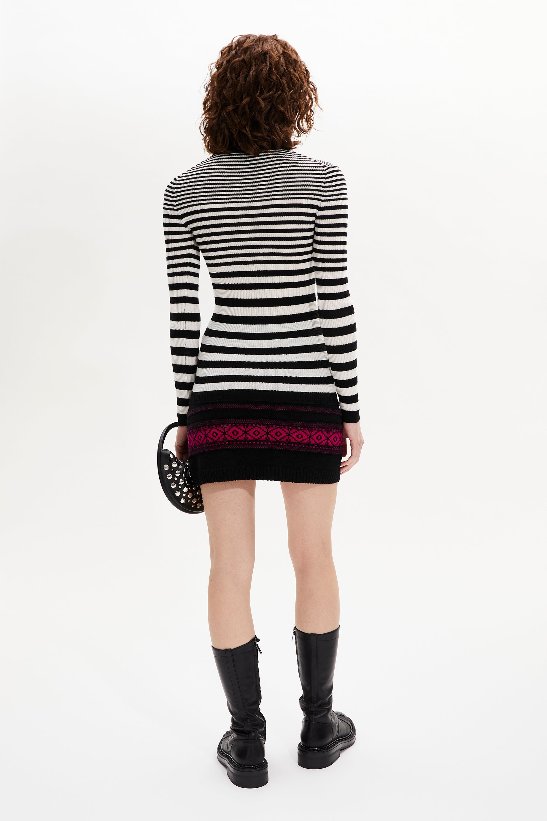 Pull col rond rayé à manches longues en laine - Noir & Blanc