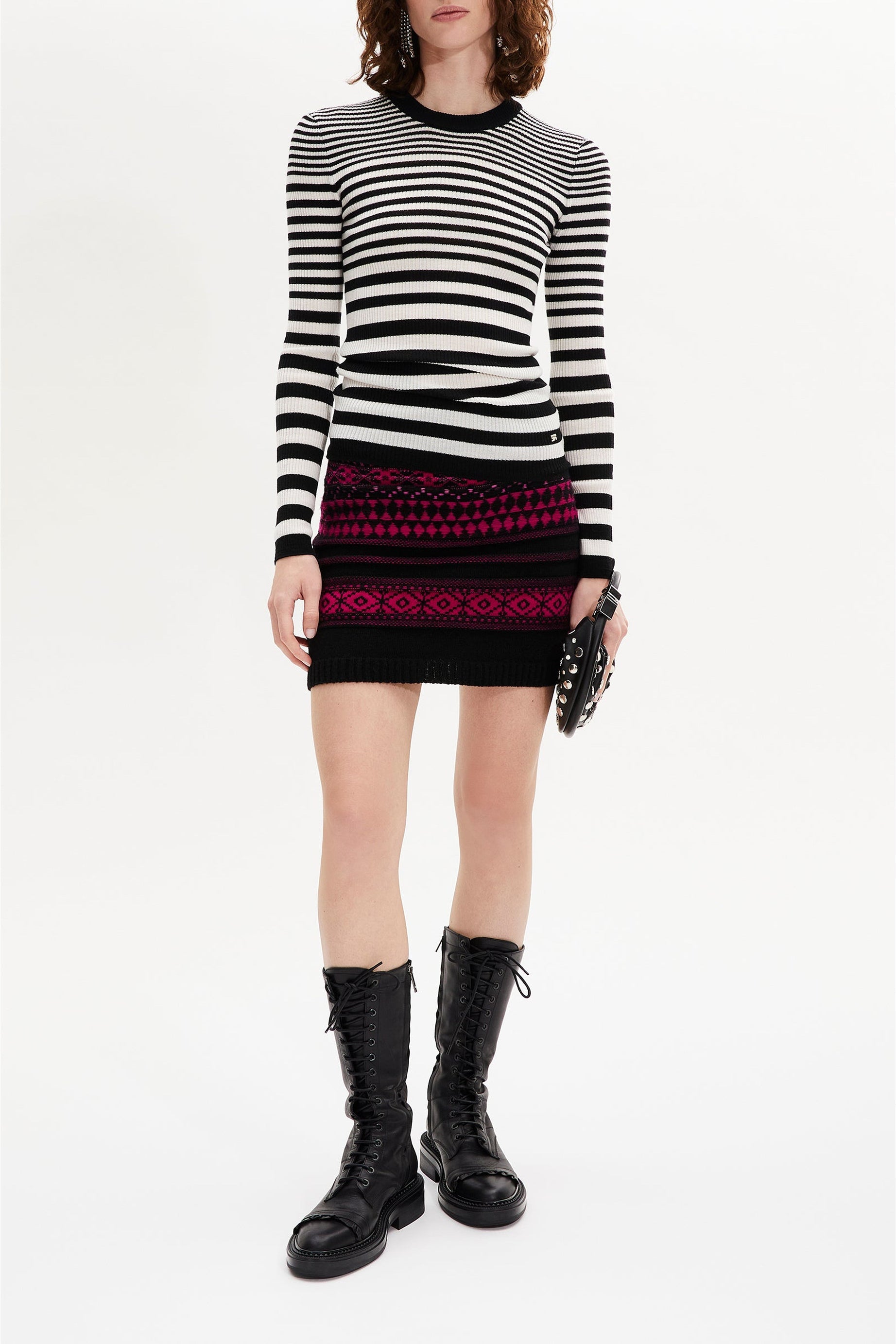 Pull col rond rayé à manches longues en laine - Noir & Blanc