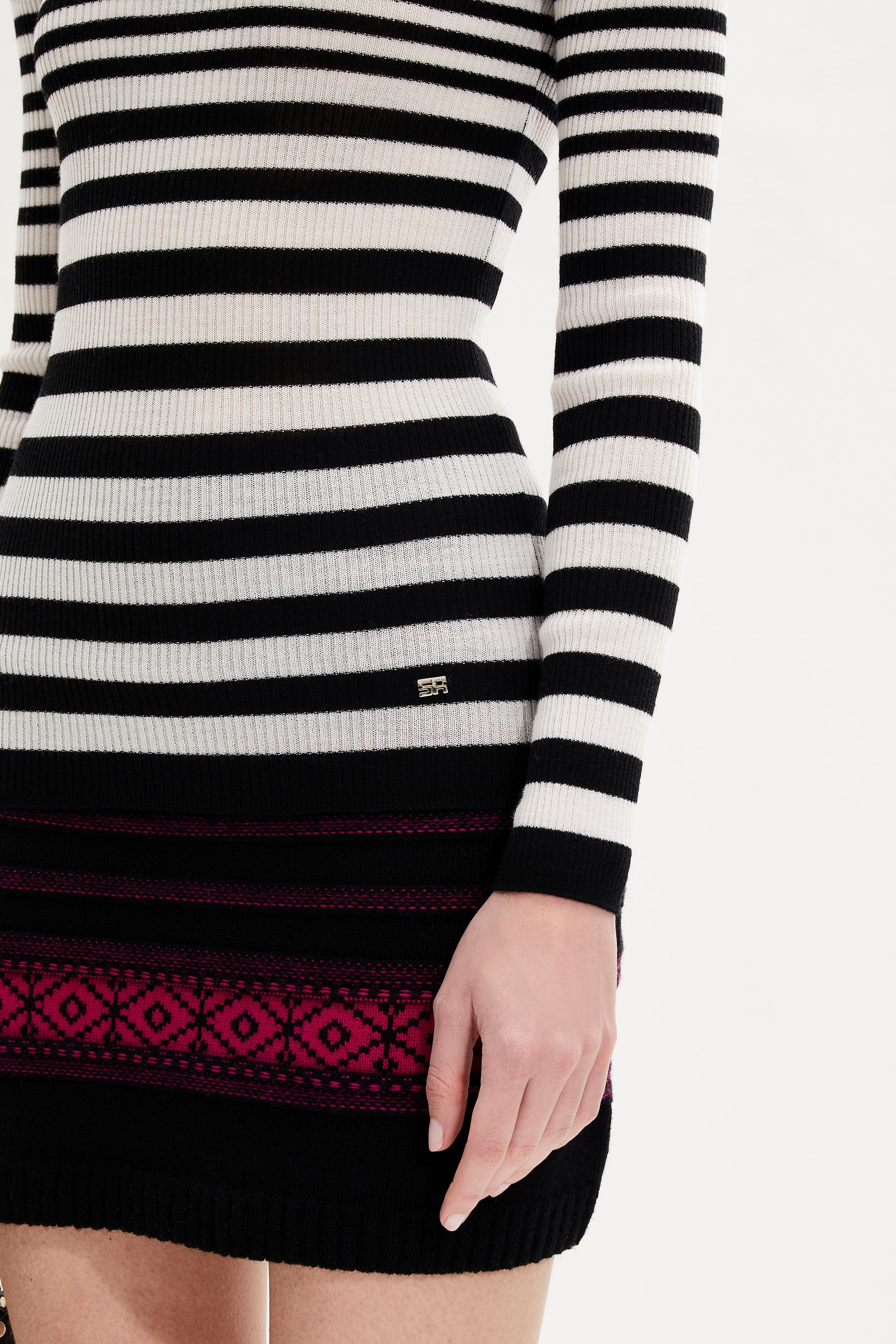 Pull col rond rayé à manches longues en laine - Noir & Blanc