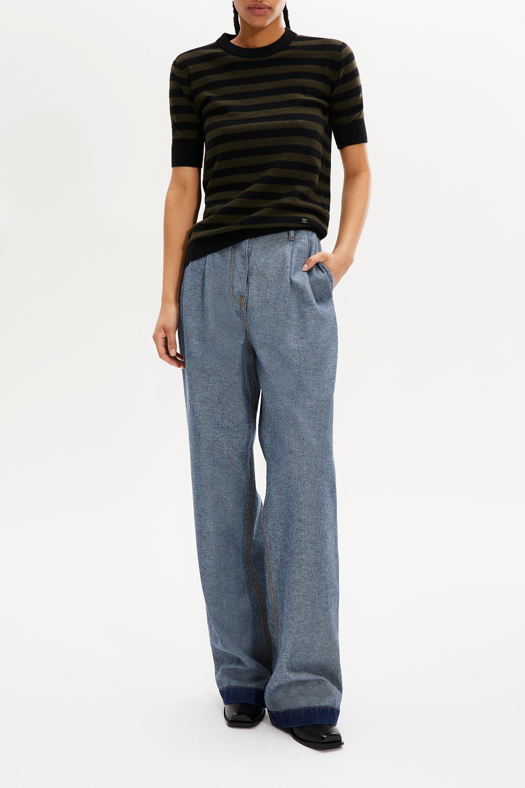 Pull Poorboy manches courtes en laine - Noir & Kaki