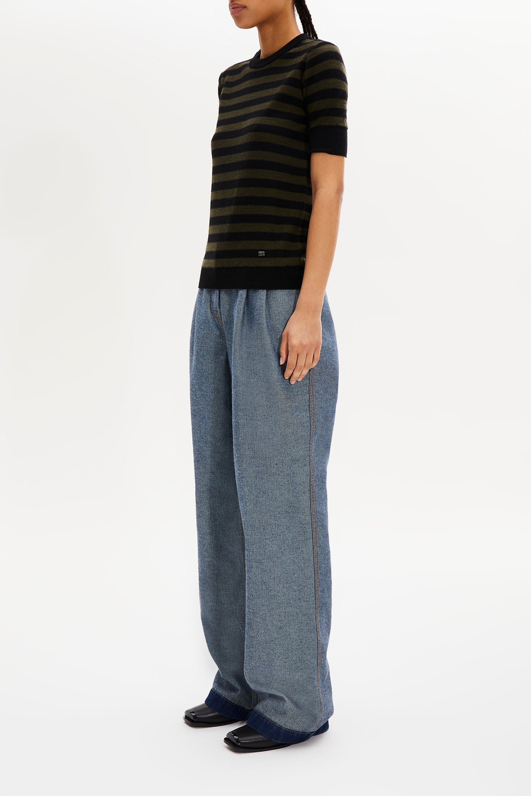 Pull Poorboy manches courtes en laine - Noir & Kaki