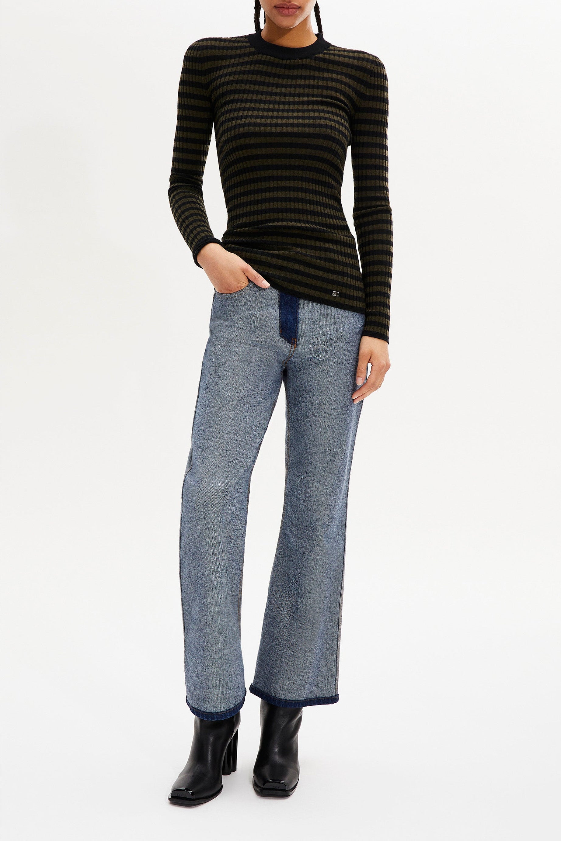 Pull lurex col rond à manches longues en laine - Noir & Kaki